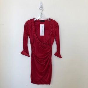Red Satin V Neck Quater Sleeve Dress